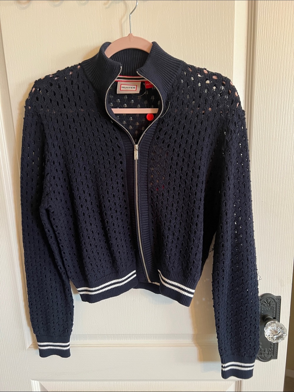 Hunter Navy Openwork Zip-Up Bomber Cardigan with Striped Trim